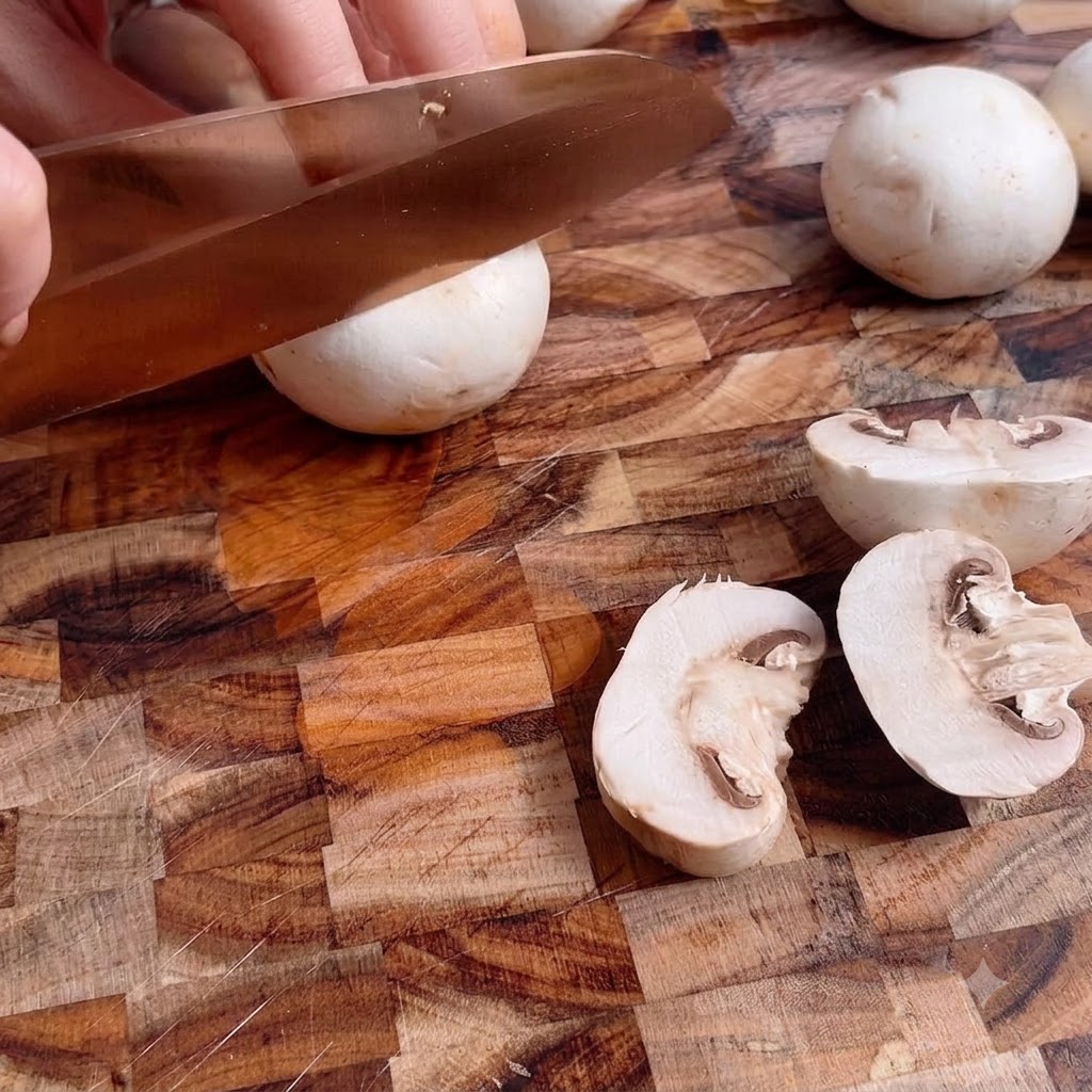 Funghi bianchi freschi affettati adagiati su un tagliere di legno.