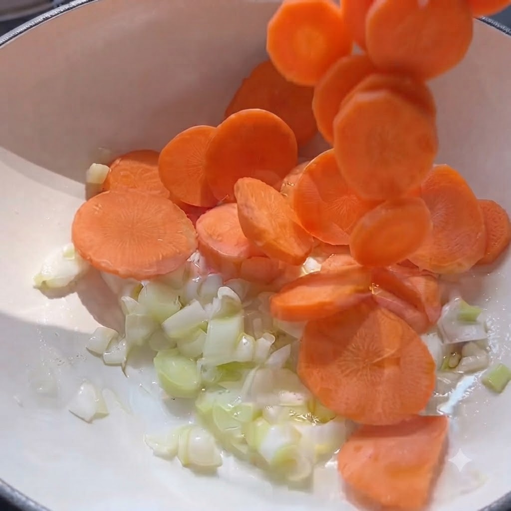 Fette di carota arancione brillante che cadono in una pentola contenente cipollotti saltati e olio caldo.