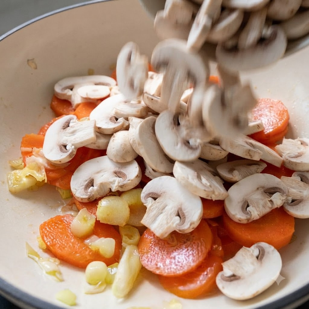Fette di funghi bianchi freschi versate da una ciotola in una pentola con fette di carote e aromi.