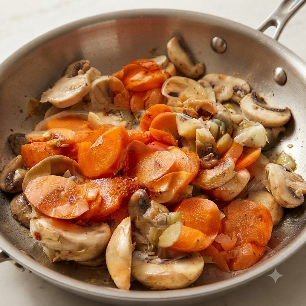 Patate e carote mescolate insieme allinterno di una padella.
