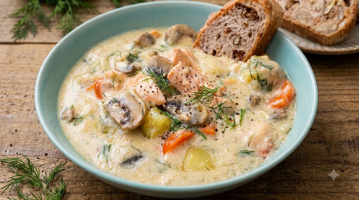 Una ciotola di chowder cremoso al salmone, ricca di teneri bocconcini di pesce, patate dorate, carote a fette, funghi e aneto fresco.