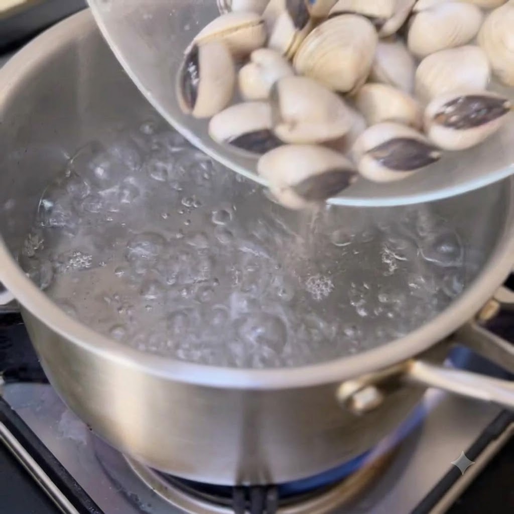 Vongole aggiunte ad acqua bollente in una pentola di metallo.