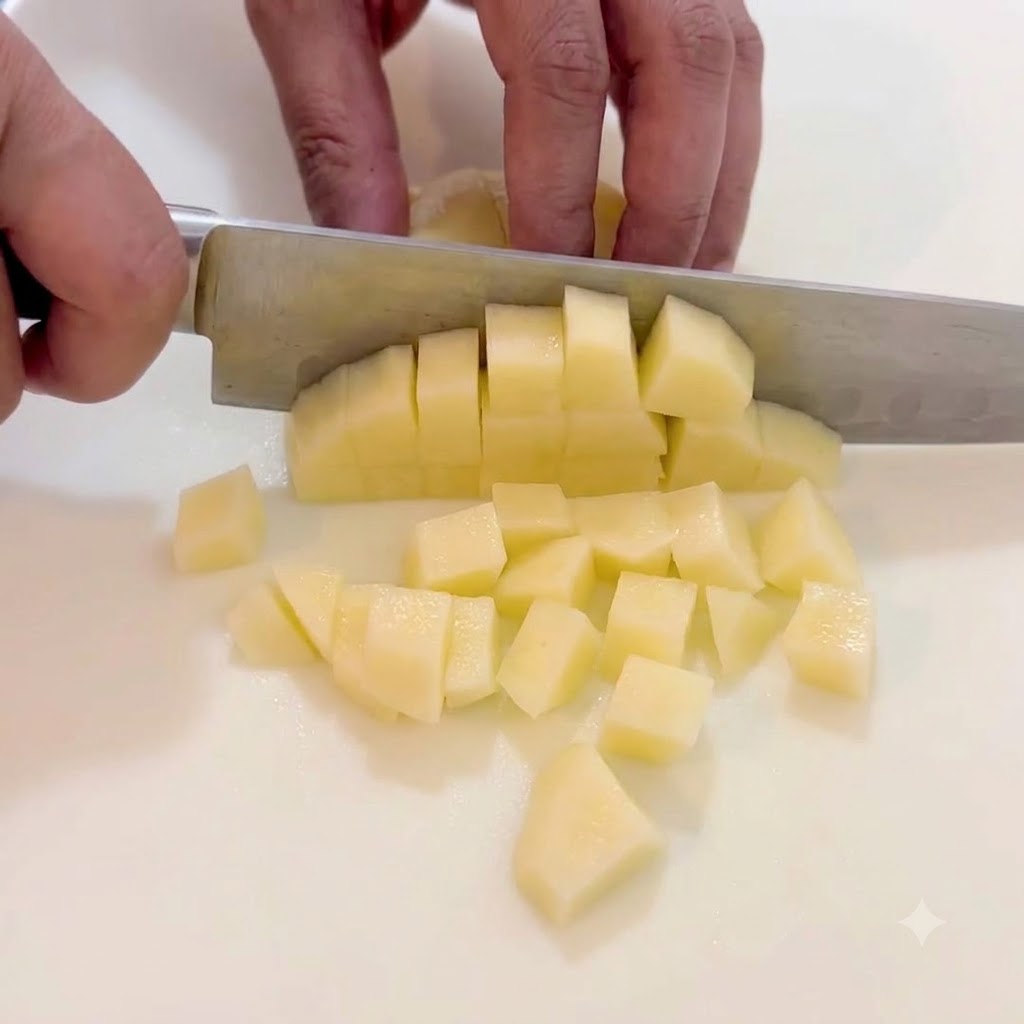Uno chef taglia una patata sbucciata a cubetti uniformi su un tagliere bianco.