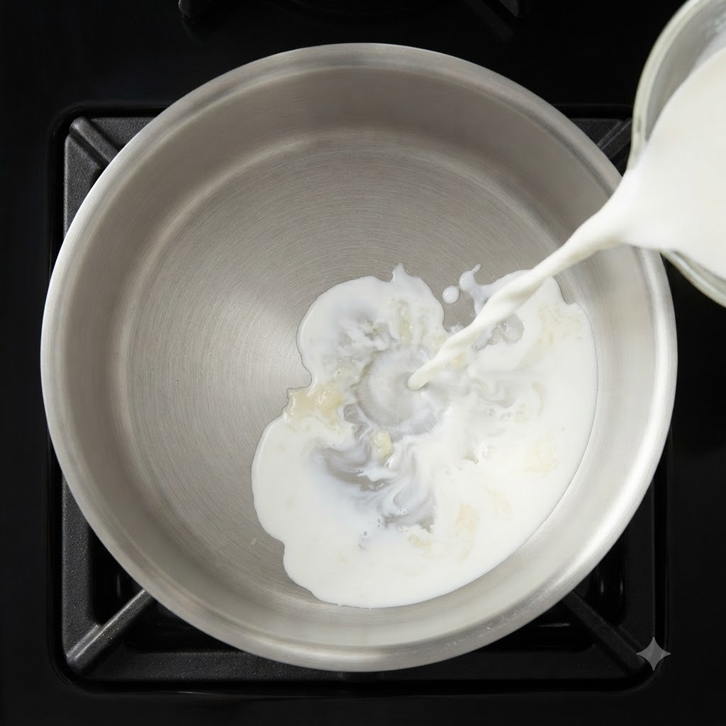 Latte e panna fresca versati da un misurino di vetro in una pentola.