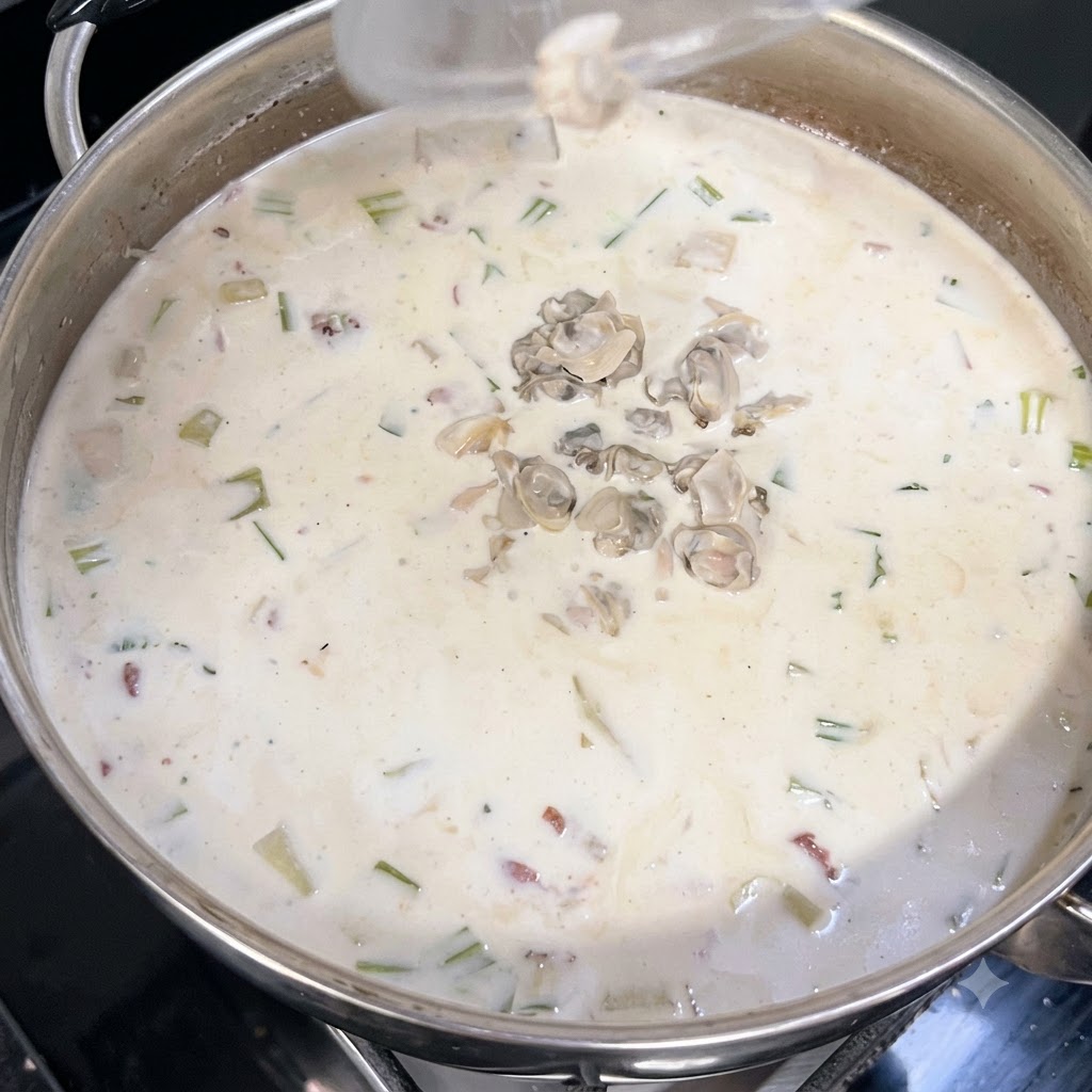 Pezzetti di vongole tritate aggiunti in una grande pentola con una cremosa zuppa bianca.