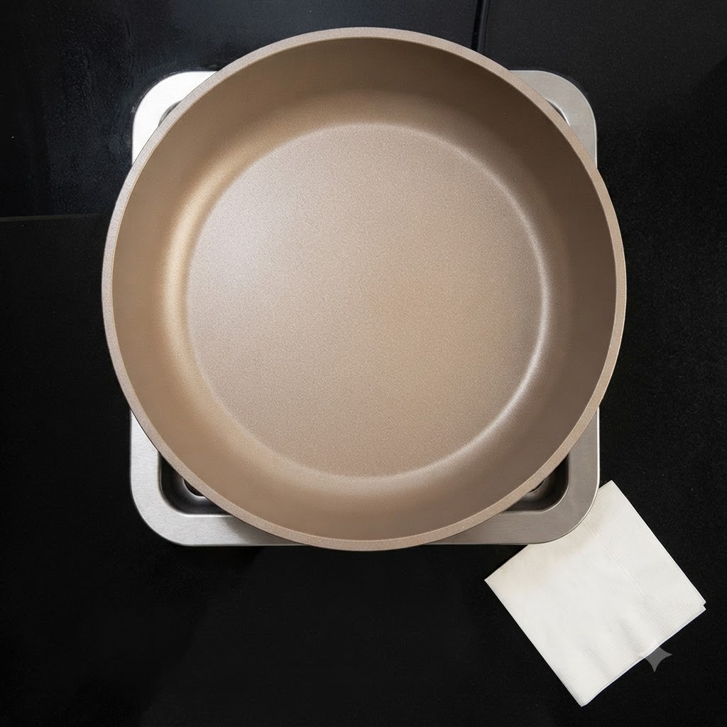 Una padella pulita poggiata su un piano cottura accanto a un tovagliolo di carta bianco piegato.