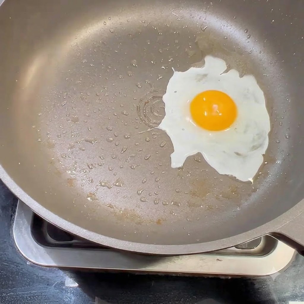 Un singolo uovo rotto che frigge in una padella antiaderente con piccole gocce dolio intorno.