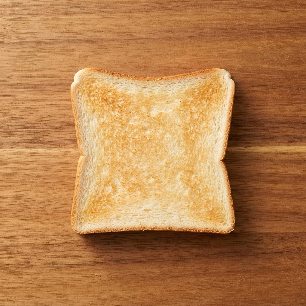 Una singola fetta quadrata di pane tostato dorato posizionata al centro su una superficie di legno.