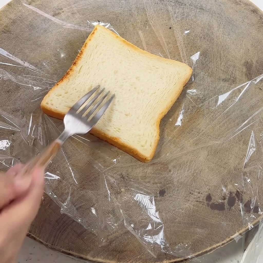 Una mano che usa una forchetta di metallo per spalmare la salsa su un pezzo di toast posizionato su un foglio di pellicola.