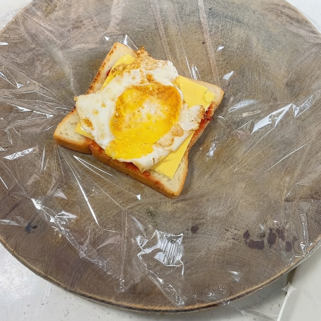 Un uovo fritto posizionato sopra una fetta di formaggio giallo adagiata sul pane tostato.