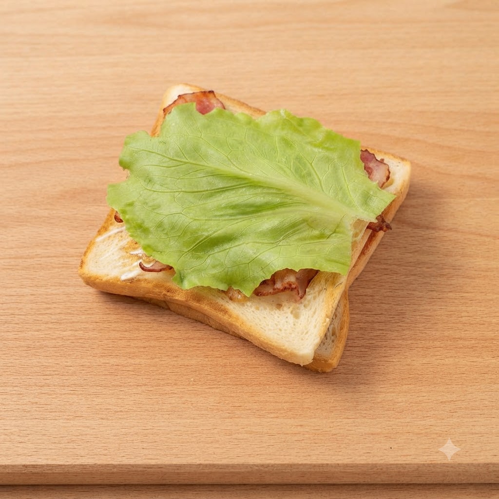 Una foglia di lattuga verde fresca stratificata sopra la pancetta.