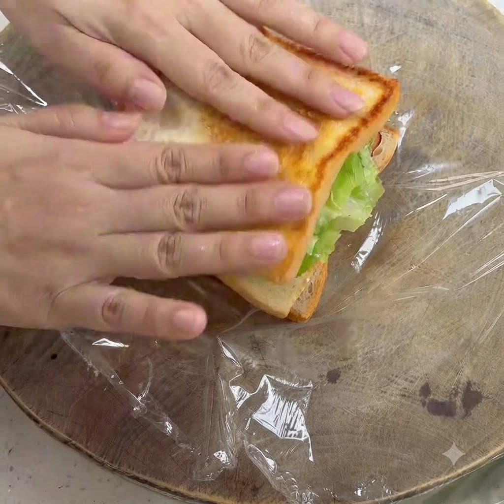 Mani che premono delicatamente sulla fetta superiore di pane tostato per completare il panino.