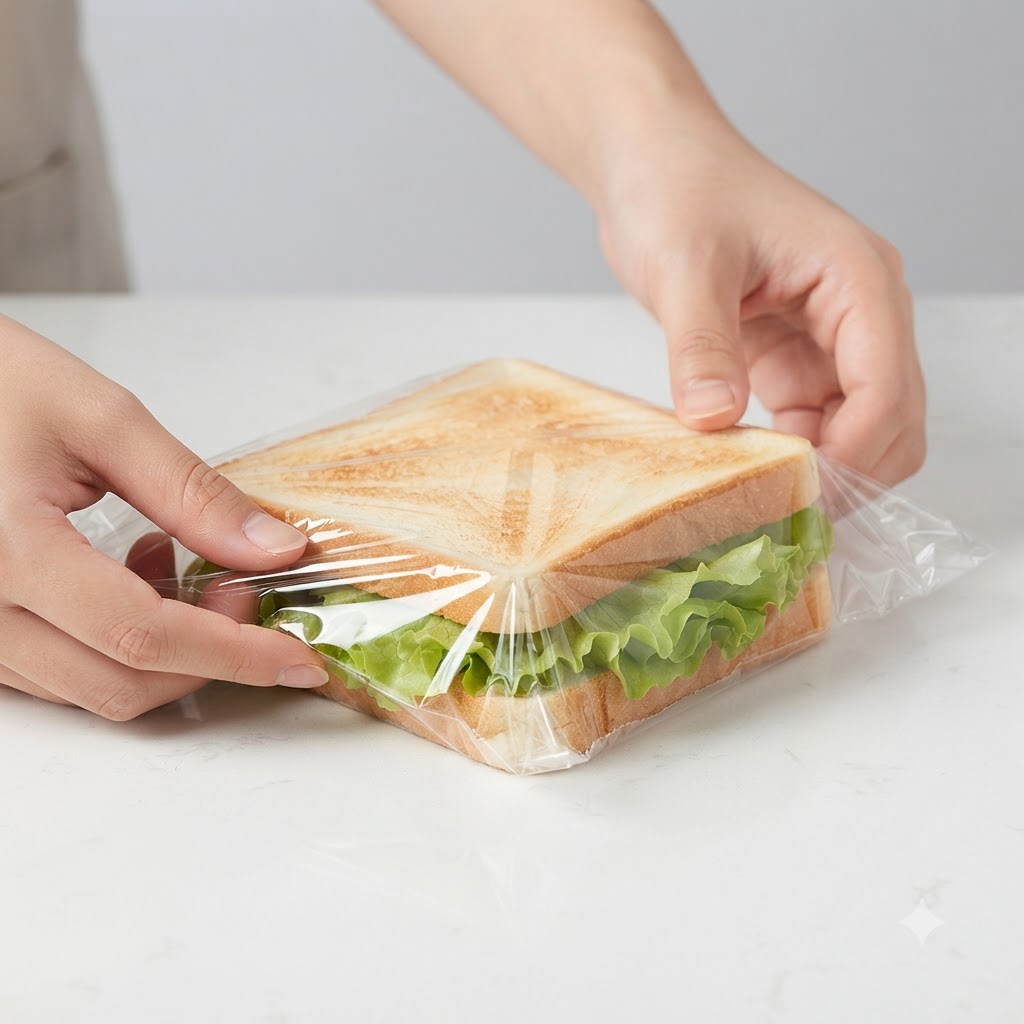 Mani che piegano saldamente la pellicola trasparente attorno al panino assemblato su una superficie bianca.