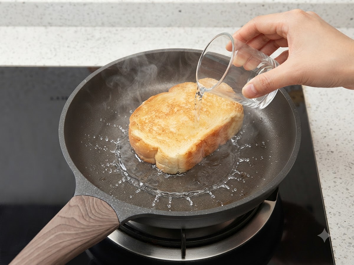 Acqua versata da un piccolo contenitore di vetro in una padella accanto a un pezzo di pane tostato, creando vapore.