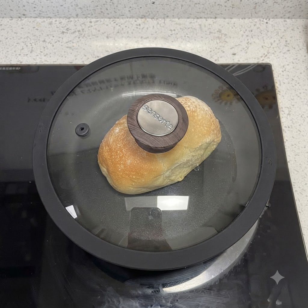 Un coperchio di vetro che copre una padella su un fornello con uno sfondo sfocato.