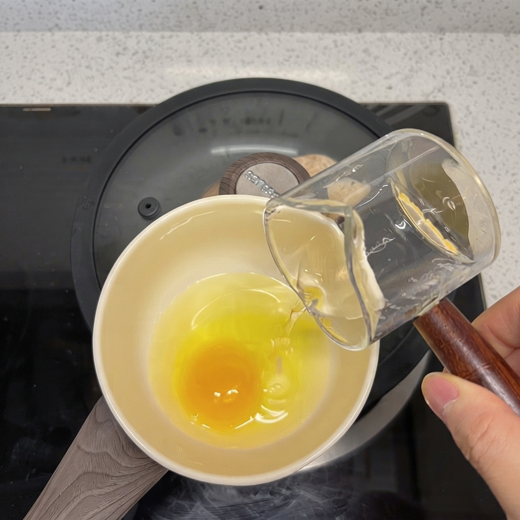 Liquido versato da una piccola brocca di vetro in una ciotola di ceramica contenente un uovo crudo rotto con un tuorlo giallo brillante.