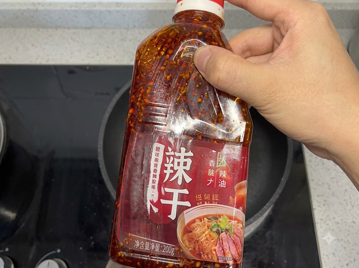Una bottiglia di plastica di olio al peperoncino commerciale con caratteri cinesi sulletichetta tenuta sopra una padella.