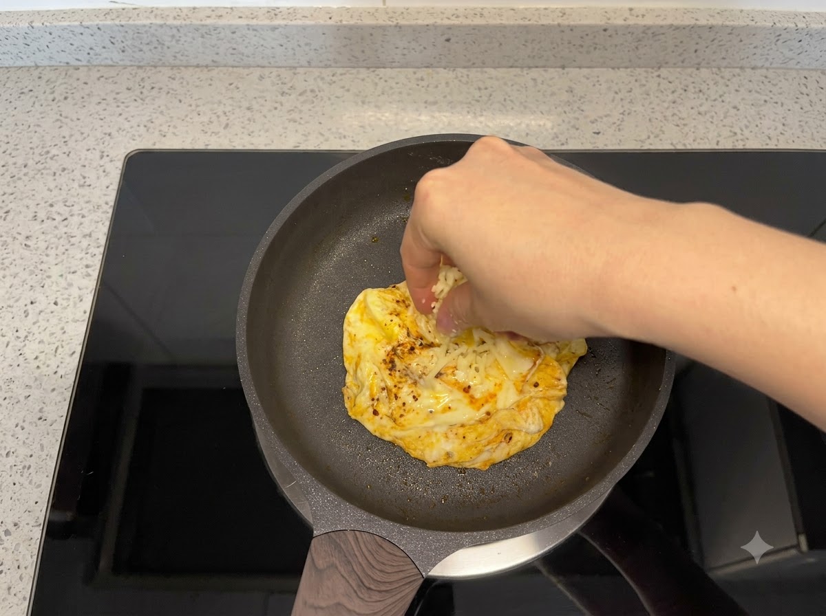 Formaggio grattugiato cosparso su un uovo cotto in una padella.