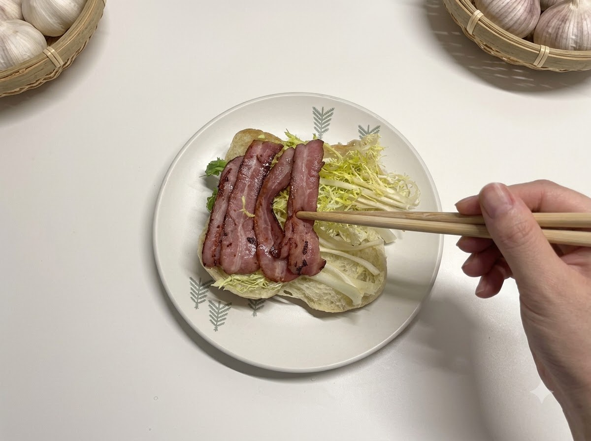 Pancetta cotta e ripieni disposti allinterno di un panino ciabatta.