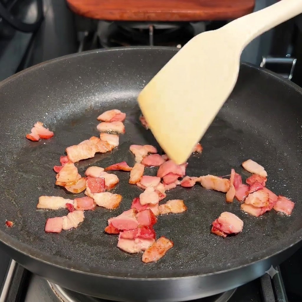 Piccoli pezzi di pancetta saltati in una padella scura con una spatola di legno.