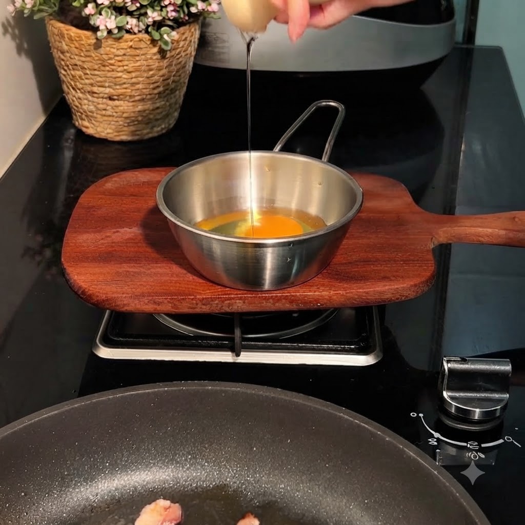 Un uovo che viene rotto in un contenitore sopra una padella contenente pancetta e cavolo.