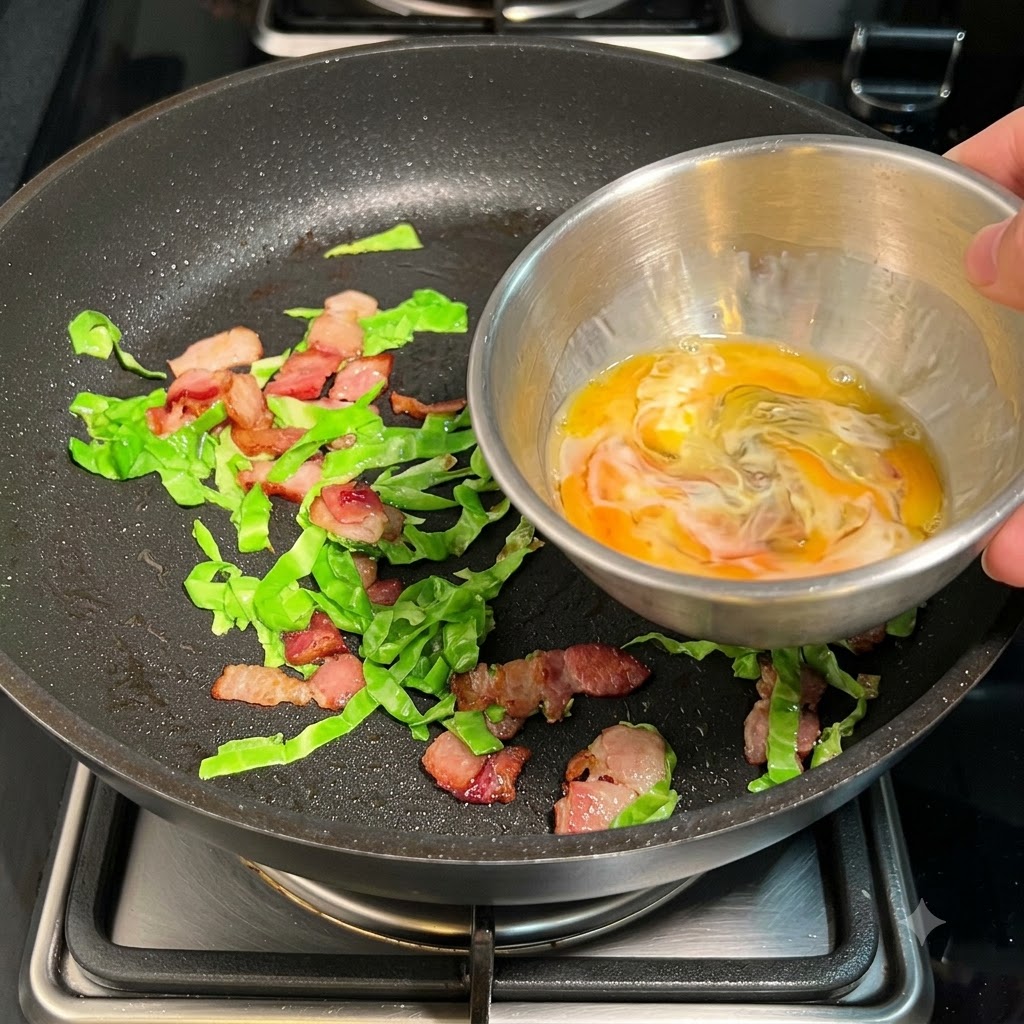 Una ciotola di uova sbattute e latte versata in una padella con pancetta e cavolo.