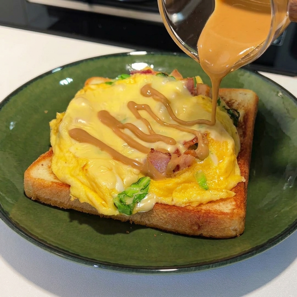 Salsa di arachidi versata a zig-zag sopra un toast di uova e formaggio su un piatto verde.