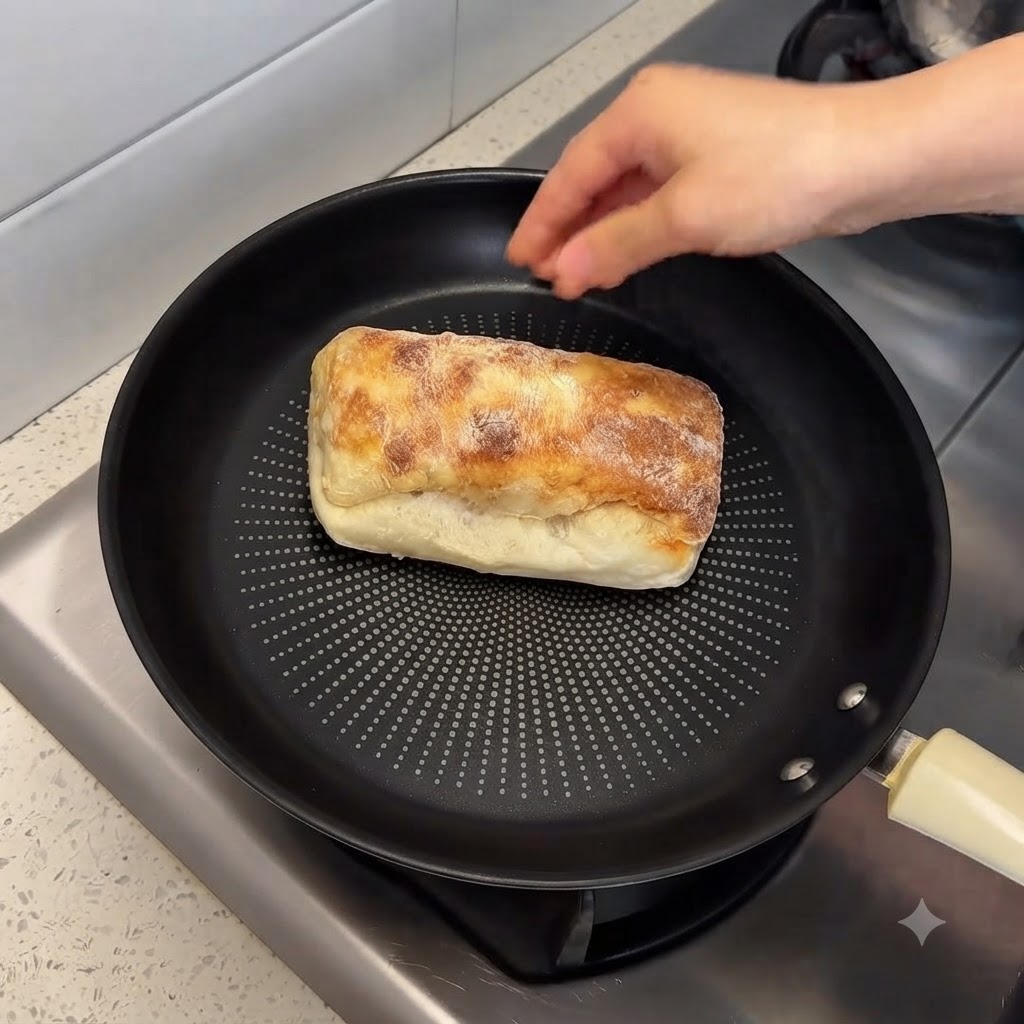 Pane ciabatta a temperatura ambiente posizionato in una padella antiaderente nera con una mano che regola il coperchio.
