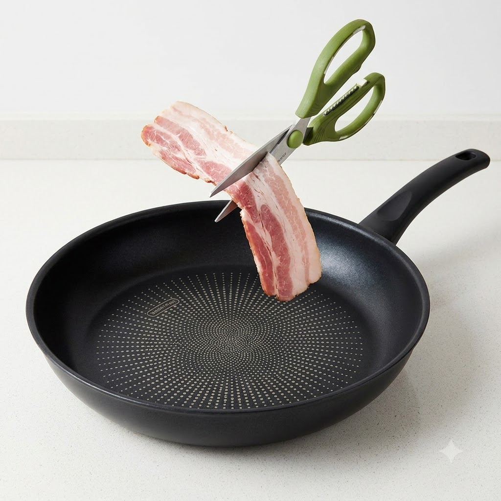 Forbici da cucina verdi che tagliano fette di pancetta cruda direttamente sopra una padella nera vuota.