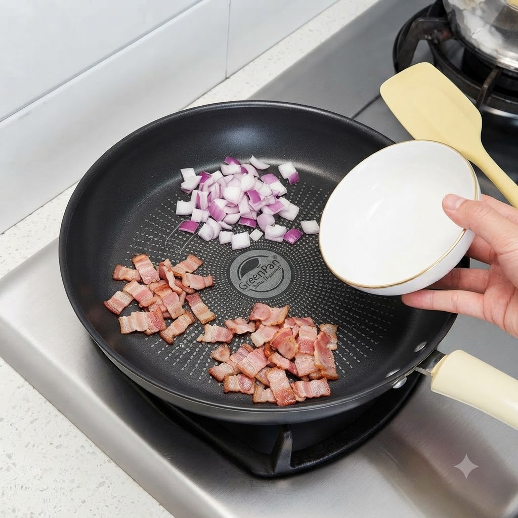 Una padella contenente pezzi di pancetta cotta e un mucchietto di cipolle rosse affettate accanto a una ciotola bianca.