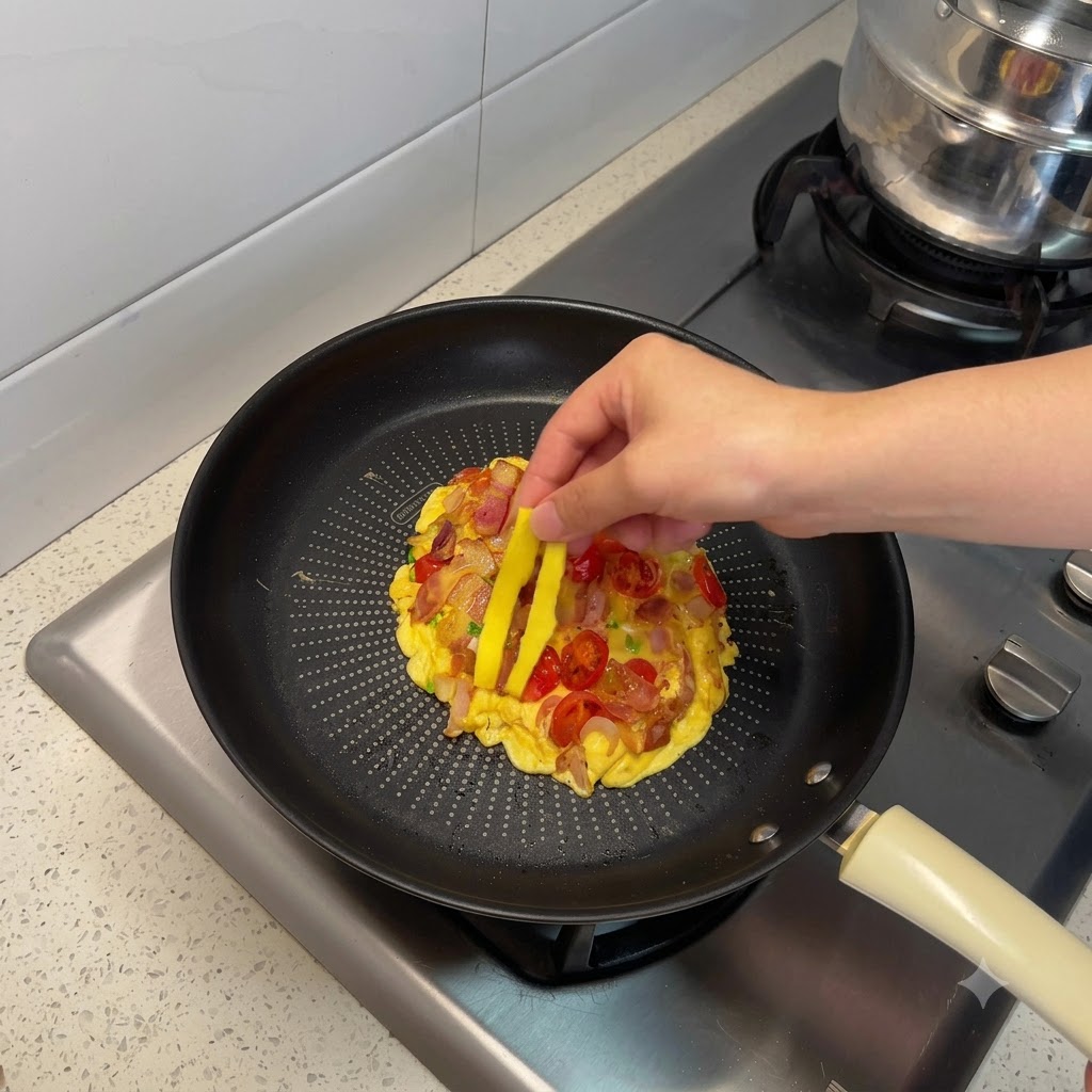 Una mano che posiziona strisce di formaggio giallo su un uovo strapazzato cotto mescolato con pancetta e pomodori in una padella.