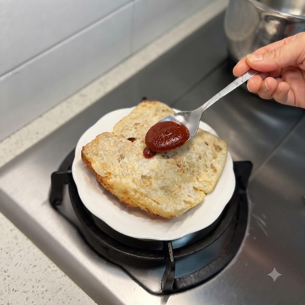 Un cucchiaio di ricca salsa di manzo rossa spalmata sulla superficie di una fetta di pane ciabatta tostato su un piattino bianco.