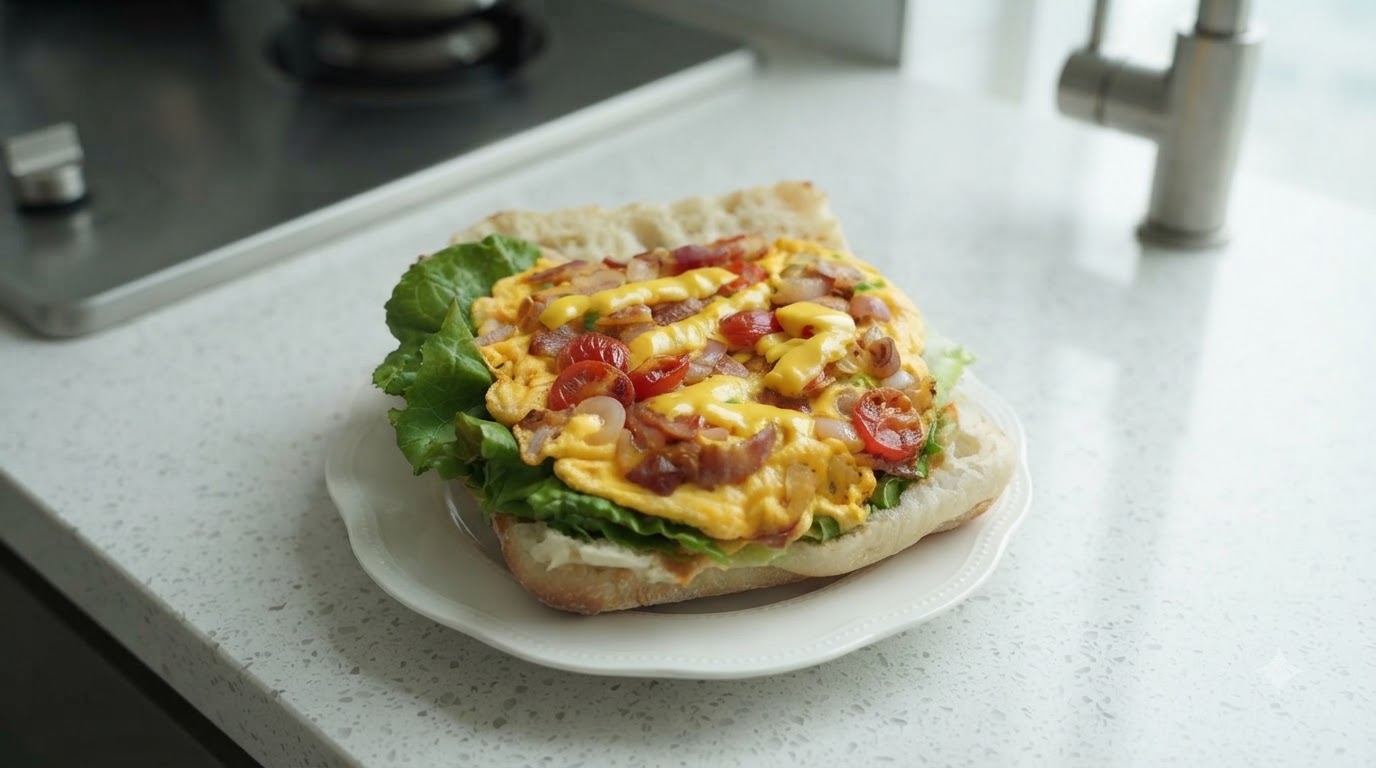 Un panino da colazione gourmet in ciabatta farcito con lattuga verde croccante, uova strapazzate soffici, pomodorini, pancetta e formaggio fuso.