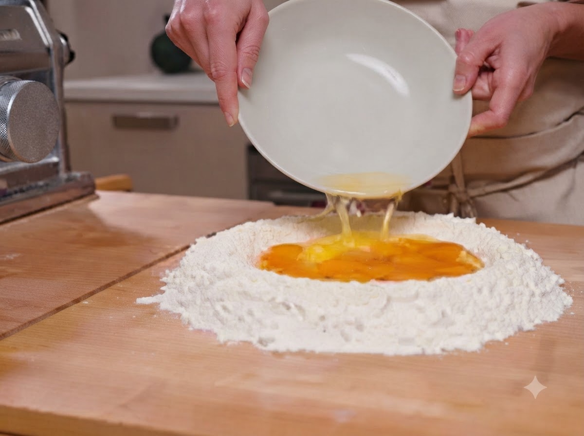Uova che cadono da una ciotola nella fontana di farina su un tagliere di legno.