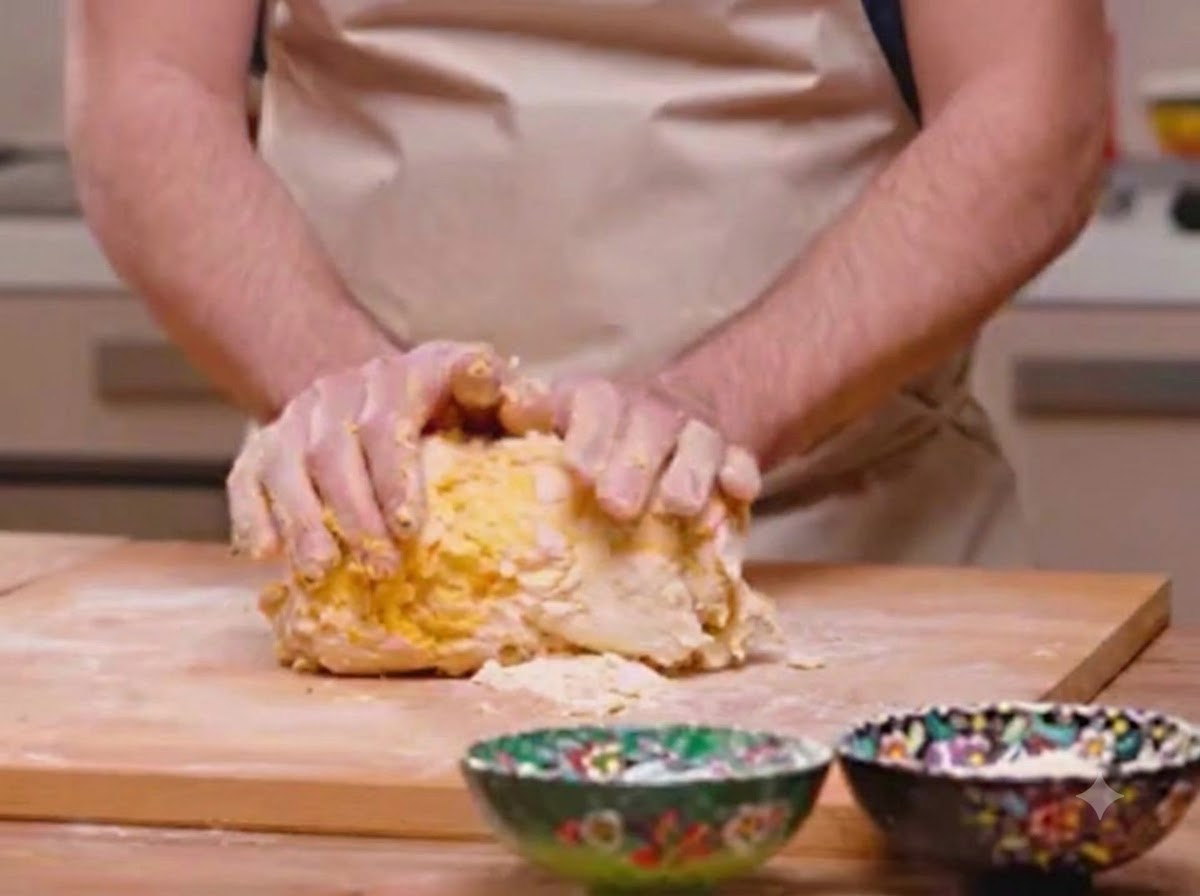 Mani che impastano attivamente la pasta gialla su un tagliere di legno.