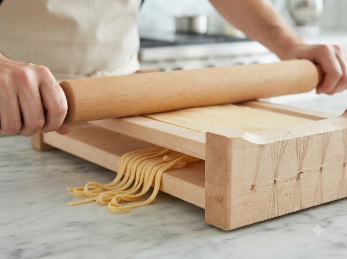 Un mattarello che appiattisce le sfoglie di pasta gialla su un tagliere di legno.
