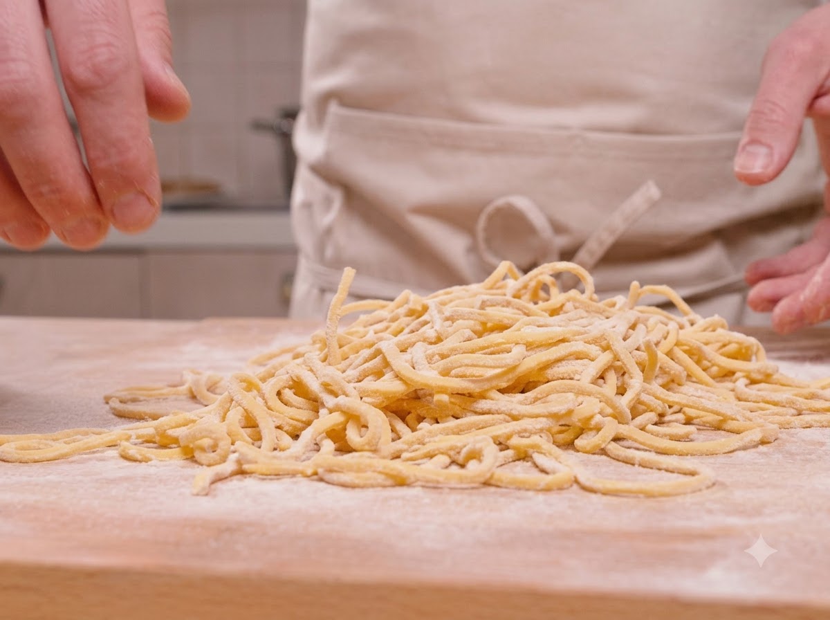 Spaghetti gialli tagliati di fresco ammucchiati su una superficie di legno.