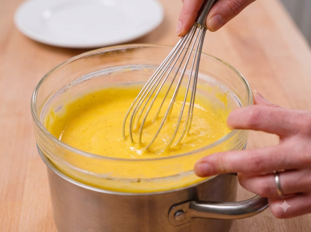 Una frusta che mescola uova gialle e formaggio in una ciotola di vetro.