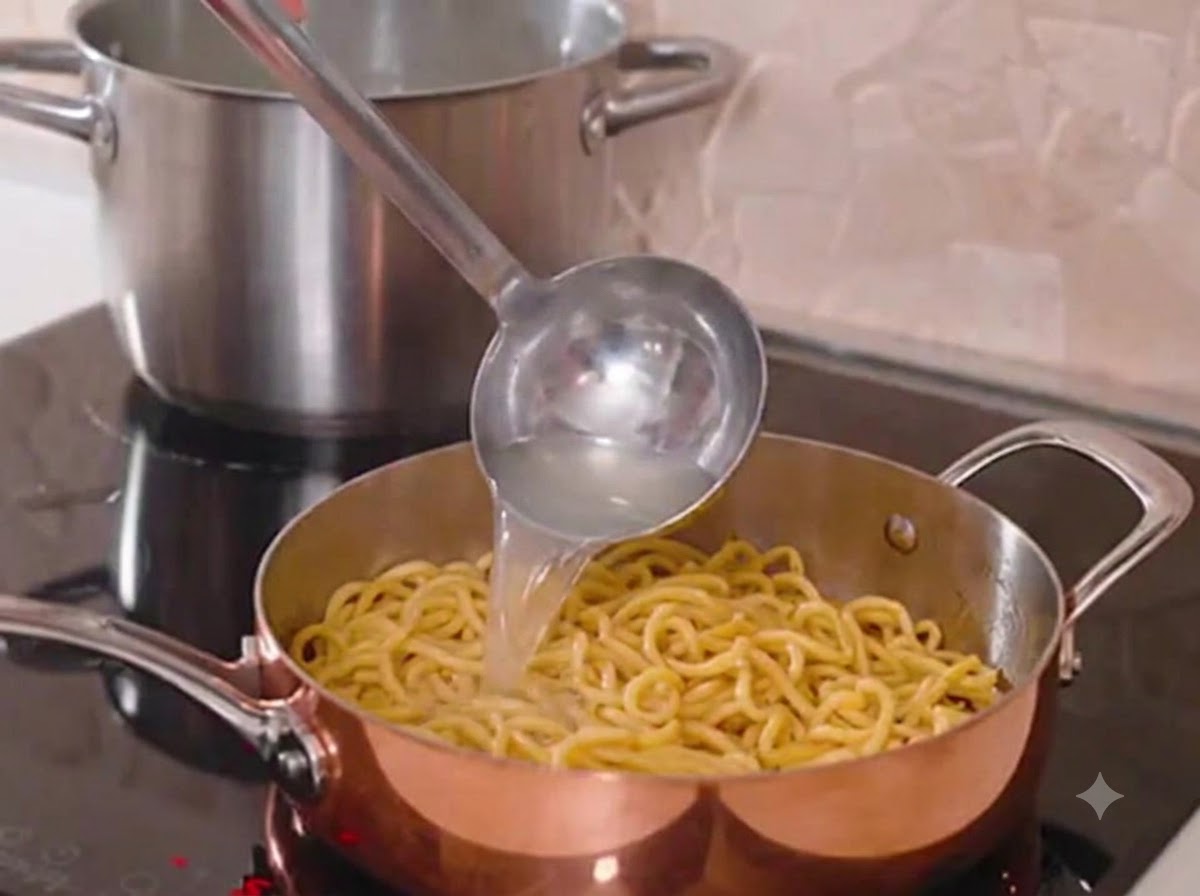 Un metaimpasto che versa lacqua amidacea della pasta in una padella di rame lucida con spaghetti cotti.