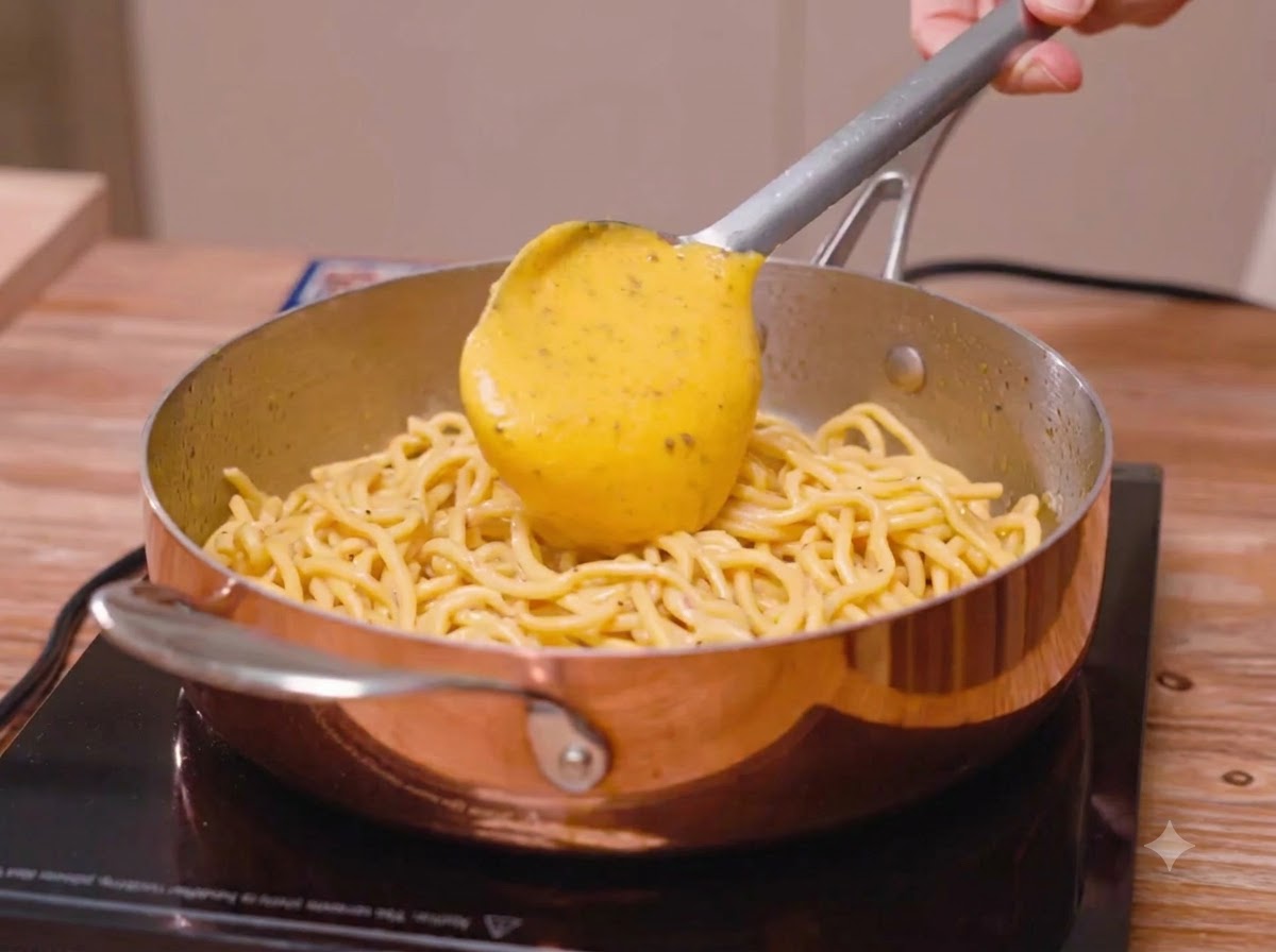 Una spatola che versa una densa salsa gialla di formaggio e uova su una padella di rame di spaghetti.