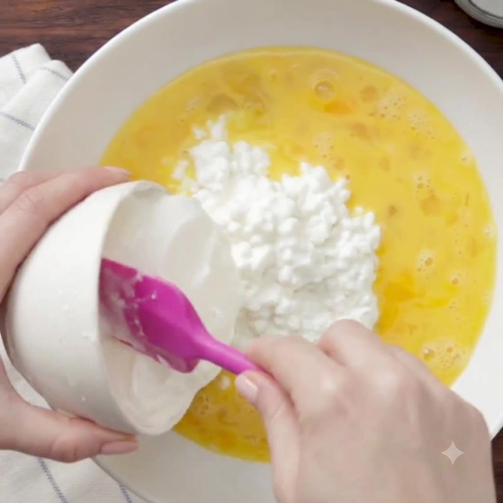 Panna acida prelevata da una ciotolina e trasferita nella ciotola grande usando una spatola rosa.