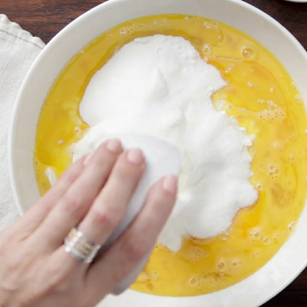 Zucchero sembianze bianco versato da un piccolo piatto nella ciotola degli ingredienti umidi.