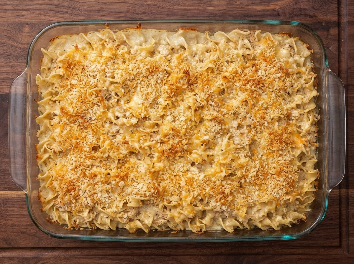 Una teglia di vetro riempita con il composto di kugel crudo guarnito con pangrattato.