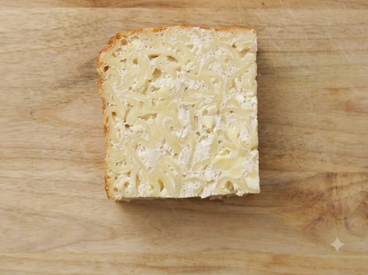Una fetta quadrata di kugel che frigge in una padella di ghisa calda.