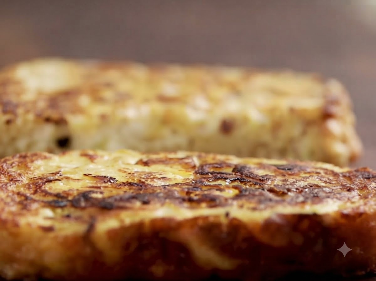 Maionese spalmata uniformemente su una fetta di kugel fritta dorata.