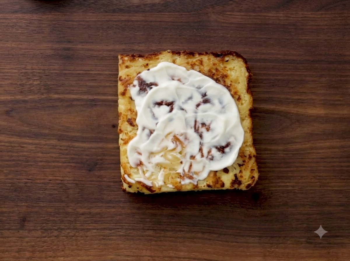 Una fetta di formaggio americano adagiata in piano sopra una fetta di kugel calda.