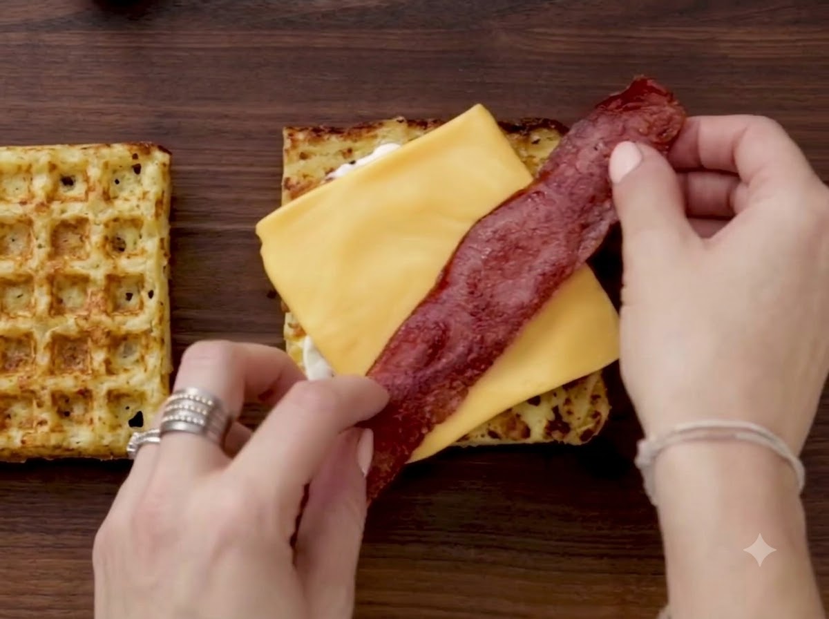 Strisce di pancetta cotta croccante posizionate sopra il kugel ricoperto di formaggio.