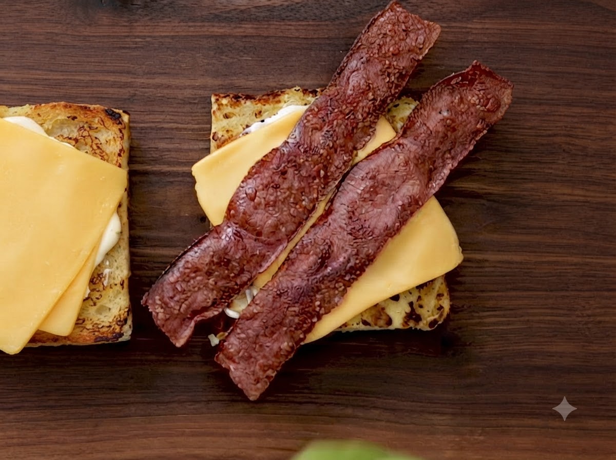 Foglie di lattuga fresca verde posizionate sopra le strisce di pancetta croccante alla base del panino di kugel.