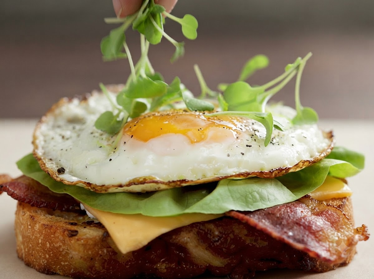Microgreens freschi sparsi sopra un uovo perfettamente fritto con tuorlo morbido poggiato sugli strati del panino.