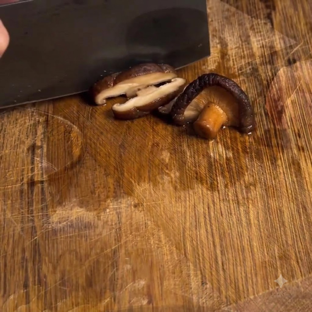 Funghi shiitake affettati in pezzi più piccoli su un tagliere di legno.